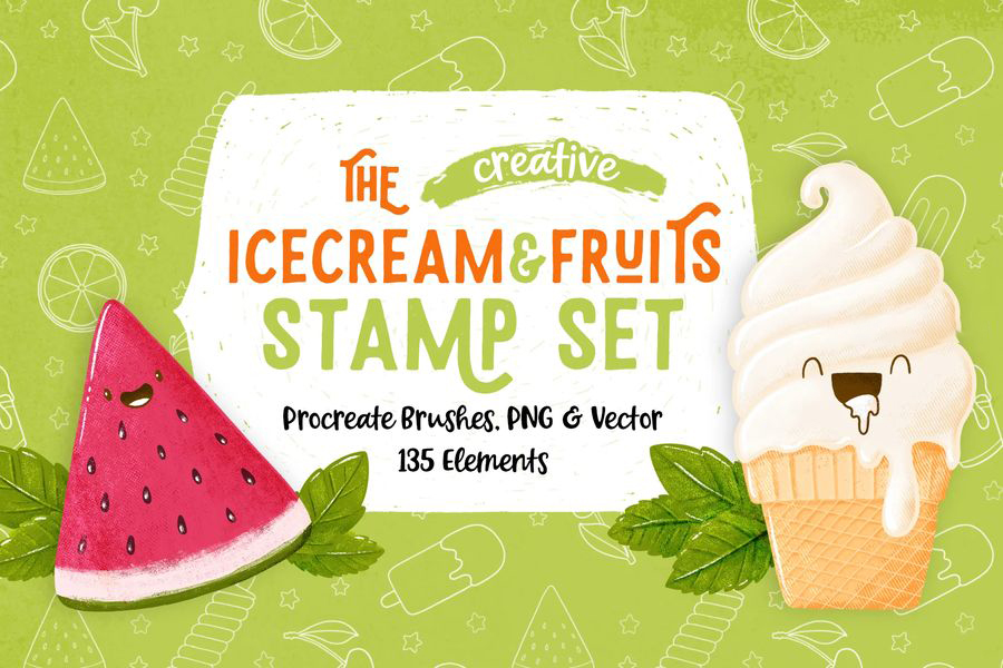 【3514】Procreate笔刷-冰淇淋和水果插画图案笔刷素材下载