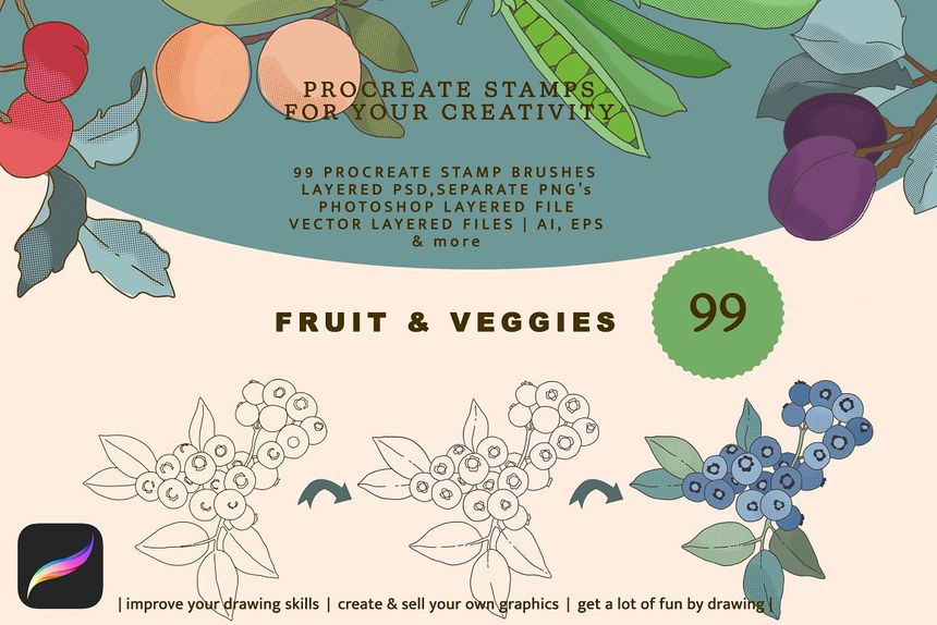 【3529】Procreate笔刷-水果蔬菜线稿插画图案笔刷素材