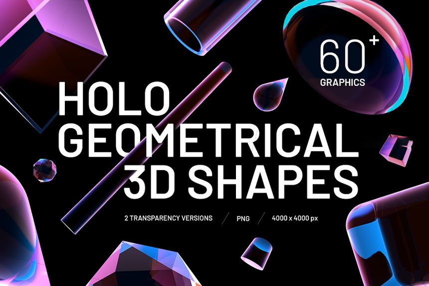 【3812】PNG素材-100款全息效果3D几何形状PNG素材合集