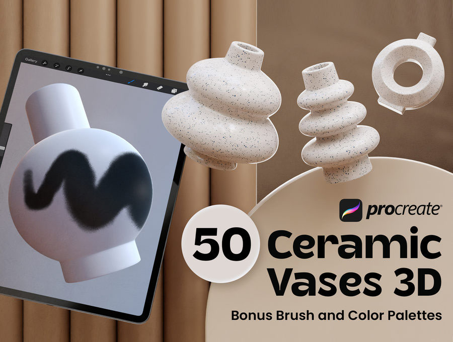 【3941】procreate笔刷-3D创作陶瓷花瓶模型笔刷色卡素材