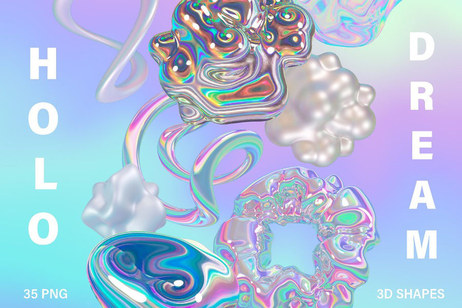 【3942】PNG素材-HOLO全息彩虹色3D几何有机形状图形元素