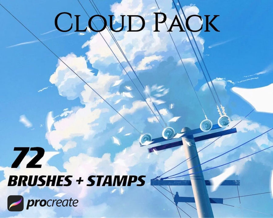 【3961】Procreate笔刷-72款动漫云彩云朵天空图案笔刷素材