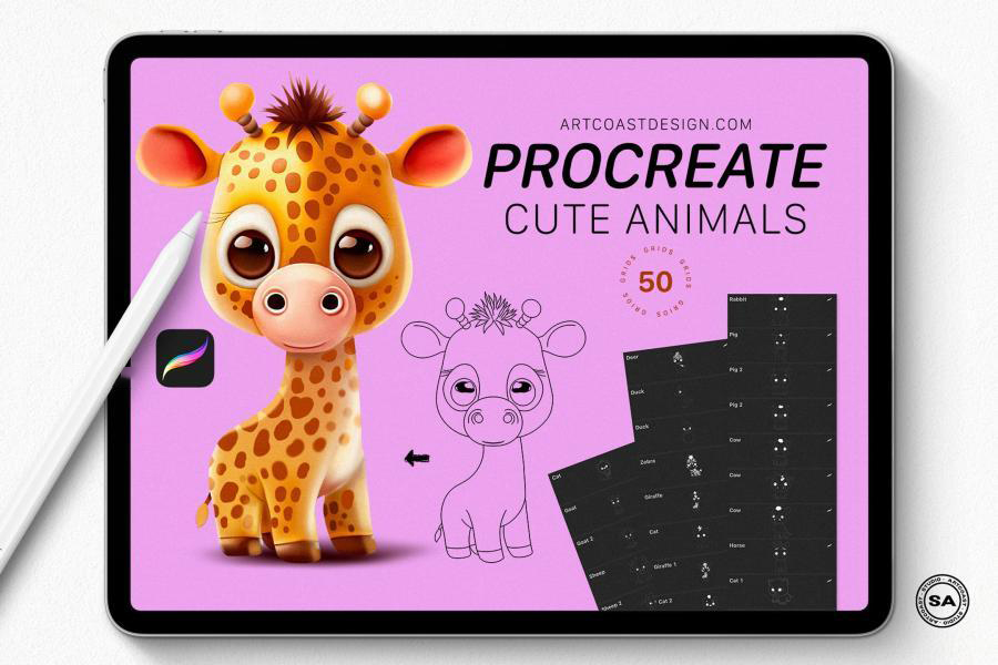 【4051】Procreate笔刷-可爱小动物Procreate线条图形笔刷素材